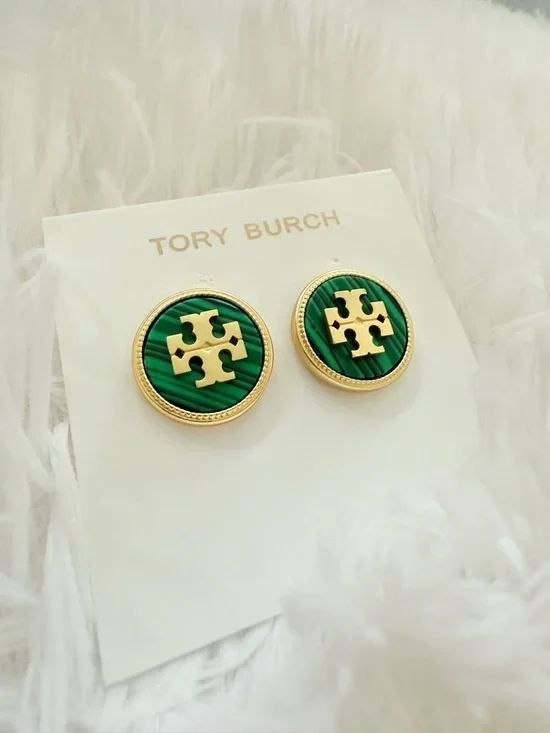Tory Burch Kira Enamel Coin Gold-Tone Logo Studs with Green Malachite Inlay - Picture 2 of 4